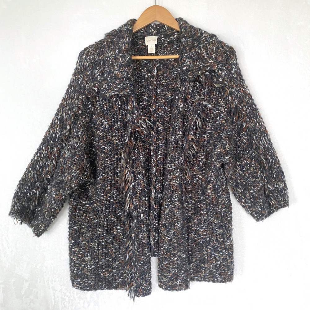 Chicos Cardigan Sweater Size 3‎ Chunky Knit Open Front Fringe